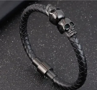 Men / Women Black Skull Head Black Braided Leather Magnetic Bracelet/Bangle 7-9  • $14.50