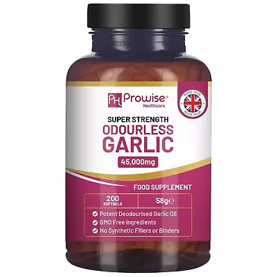 Premium Odourless Garlic Capsules - High Strength 45000mg - 200 Softgels • £12.99