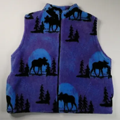 Vintage 90s Nature/Moose Print Fleece Full-Zip Vest Size X-Large (XL) Purple • $39.99
