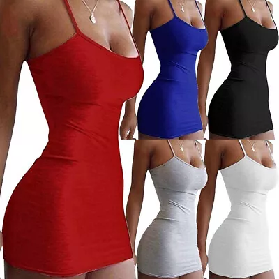 Fashion Women Plain Strapy Bodycon Ladies Sexy Sling Mini Dress Party Club • £6.47