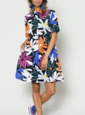 Gorman Button Up Shirt Dress Size 12 Cotton Multicoloured Short Sleeves Designer • $79
