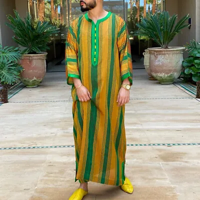 Men Long Sleeve Muslim Clothing Saudi Jubba Arab Kaftan Thobe Long Dress Robe • $34.41