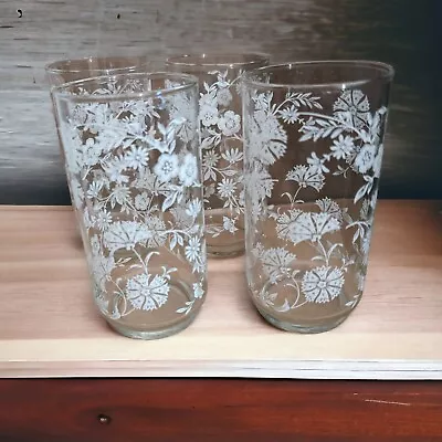 VTG Set (4) MCM Libbey Glass White 1960s-70s The Floral Drinking Glasses 5.75   • $24