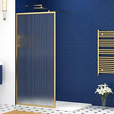 Walk In Wet Room Fluted Shower Screen Brass Panel 8mm Easy Clean Nano Glass • £226.99