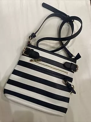 NWT La Terre Fashion Black & White Stripe Faux Leather Satchel Handbag Crossbody • $49.95