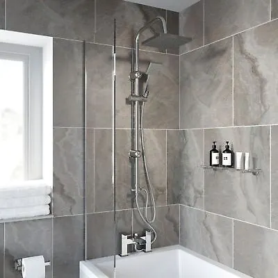 Bathroom Square Shower Mixer Waterfall Tap Kit Riser Rail Hose Chrome Twin Heads • £89.96