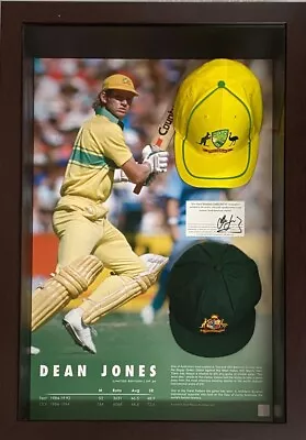 $499 • Buy DEAN JONES Signed Print + Test & One Day Australian Cricket Caps Framed COA