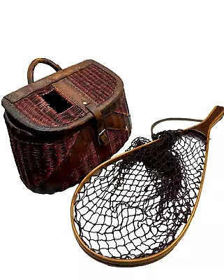 Antiq. Wicker Leather Fishing Creel C1930 & Vtg Catskill Fishing Net Cabin Decor • $479.95