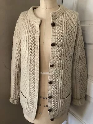 $95 • Buy Donegal Knit VTG Handknit Irish Cable Leather Buttons Wool Sweater Fisherman Med