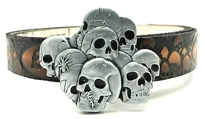 Multi Skull Biker Embossed Genuine Cowhide Leather Belt & Buckle Combo Usa Made • $44.99