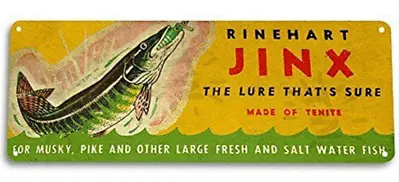 RINEHART JINX FISHING LURE TIN SIGN 11x4 Inch MUSKY PIKE LARGE FRESHWATER FISH • $18.32