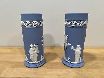 Set Of 2 Vintage Wedgewood Blue Jasperware Porcelain Decorative Spill Vases Vase • $69.99