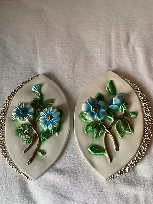Vtg Pair Of Chalkware Blue Floral Oval 3D Mid Century Retro Wall Hanging Decor • $33.99