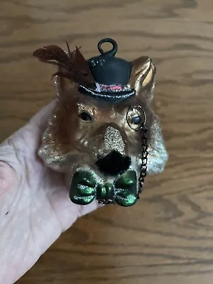 Vintage Blown Glass Fox Ornament W Monocle Feather Hat ~ 4” X 3 3/4” • $9.50