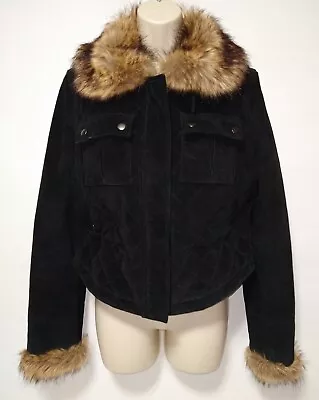 MODA International Black Suede Leather Quilted Jacket Faux Fur Hood Cuff Sz M • $19.95