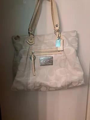 Coach Signature Logo Poppy Lurex Glam Sateen Cream Silver Tote Bag L • $65