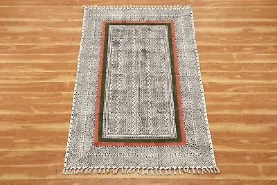 Natural Cotton Durries Living Room Area Rug Indien Yoga Mat Handmade Green Kilim • $119.28