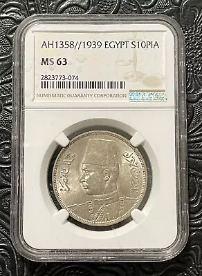 Egypt 1939 Silver 10 Piastres. King Farouk. Ngc Ms 63. Rare. • $99.99