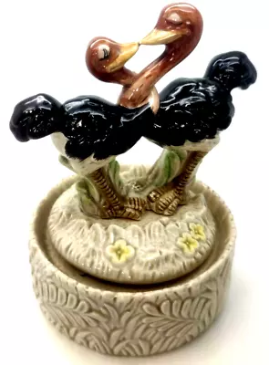 Vintage Music Box Kissing Ostriches Plays Love Story Hand Painted Ceramic • $18.99