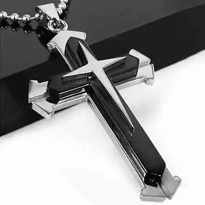 Phenomenal Titanium Steel Black & Silver Triple Layered Cross Pendant & Necklace • $10.36