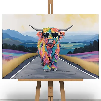 Multi Coloured Highland Cow Canvas Print Picture Gift Steven Brown Style Art • £5.99