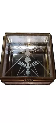 Vintage Hinged Glass And Brass Jewelry Trinket Box Etched Dove  Lid Lid  • $7.31