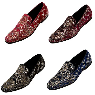 Amali Mens Slip On Tuxedo Dress Shoe Velvet Floral Sequin Formal Smoking Loafers • $69.99