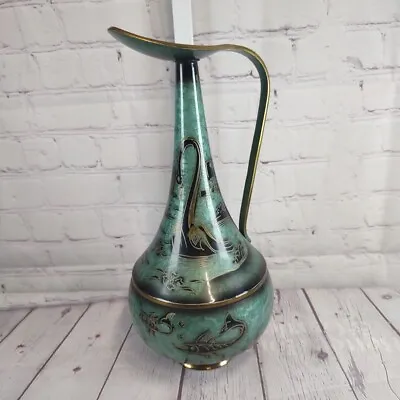 VTG Oppenheim Israel Brass Pal Bell Style Pitcher Green Verdigris Enamel Judaica • $64.94