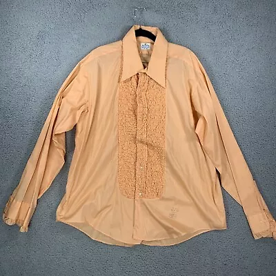 Lion Of Troy Button Up Ruffle Tuxedo Shirt Peach 17 1/2 35 French Cuff 60s 70s • $54.99