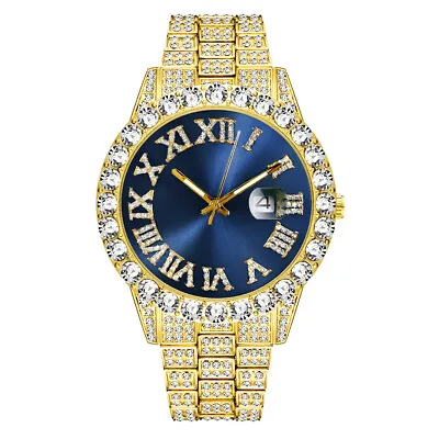 Hip Hop Iced Wrist Watch Bling Rapper Dial Metal Simulated Diamond Quartz Watch • £10.79