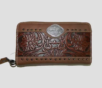 New Montana West Trinity Ranch Brown Embossed Leather Flower Clutch Wrist Wallet • $29