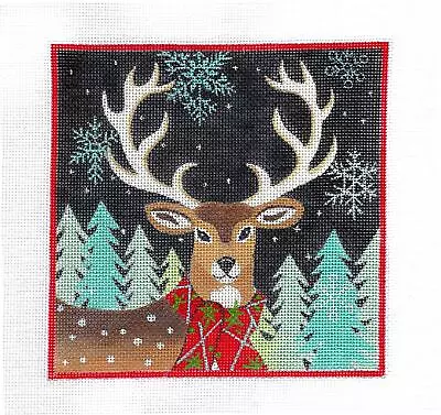 Winter Stag Deer Wearing A Scarf  6  Sq. HP 18 Mesh Needlepoint Canvas By Maggie • $89.95