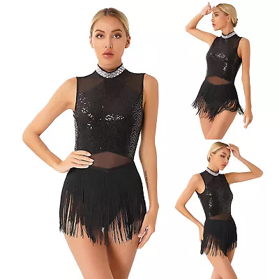 Women Sequins Fringed Leotard Tassel Latin Dance Dress Samba Ballroom Costumes • £8.82