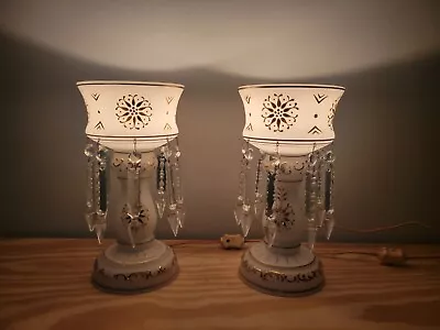 Antique Czech Bohemian Victorian White Art Glass Luster Mantels /w Prisms • $349.96