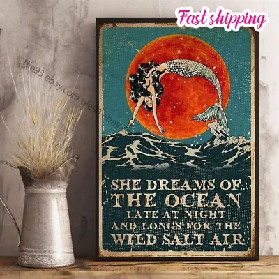 Mermaid She Dreams Of The Ocean Vintage Home Poster Wall Art Vertical • $14.54