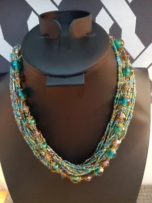 Vintage 90's Choker Multi Strand Aqua Glass Beads Necklace   • $12.99