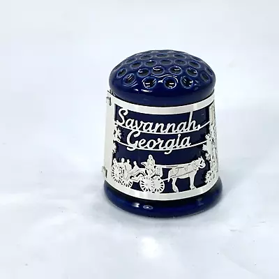 Savannah Georgia Carriage Blue Porcelain & Metal Thimble Vintage • $14.95