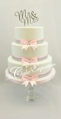 £4.99 • Buy Wedding Cake Decoration Diamante Bows Pink Ribbon Silver Diamante Trim  Topper 
