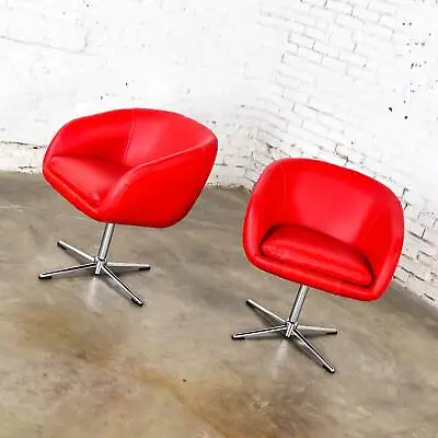 Shelby Williams MCM Swivel Bucket Chairs Red Vinyl Faux Leather & Chrome X Base • $2295