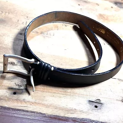 Vintage Marshall Fields Italian Black Leather Belt Sz L 34 Silver Tone Buckle • $12.99