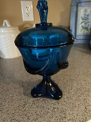 MCM Viking Art Glass Blunique Epic Blue Drape Candy Dish / Compote W Lid 9  • $55