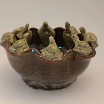 Vintage Majolica Art Studio Pottery Glazed Eight Turtles Shell Planter Bowl • $39.99