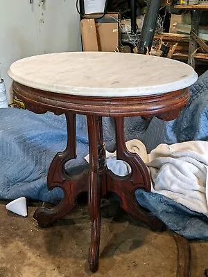 Victorian Carved Walnut And Marble Parlor Table. • $300