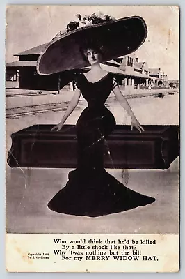 Victorian Woman In Black Dress Large Widow Hat Antique Vintage Postcard 1910 • $5.99