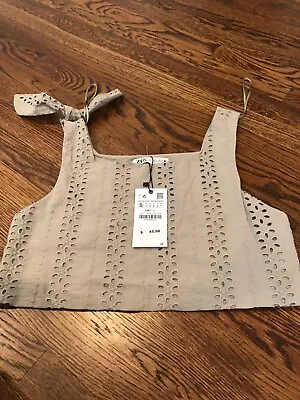 Zara NEW NWT Olive Green Cotton  Eyelet Cropped  Blouse Top Size S • $12.99