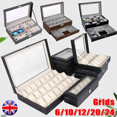 £12.97 • Buy 6/10/12/20/24 Grid Watch Box Leather Display Glass Jewelry Holder Storage Case
