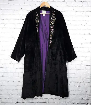 Vintage Laura Ashley Velvet Coat Womens XL Black Open Front Floral Beaded Long • $78.88