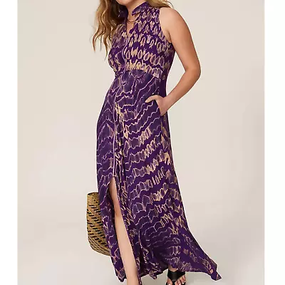 Kahindo Sleeveless Purple Maxi Dress 8 Tie Dye Front Zip Viscose V-Neck Slit  • $84.99