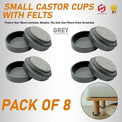 £4.99 • Buy 8 X FELT FURNITURE CASTOR CUPS SMALL Floor Chair Protectors Padded Caster GREY