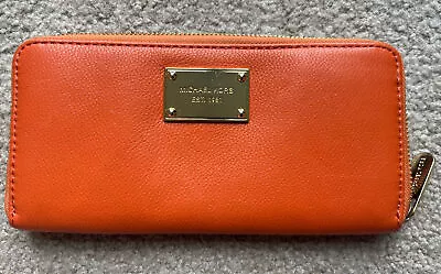 Michael Kors Saffiano Leather Wallet Checkbook Zip Clutch Purse Orange Wristlet  • $20